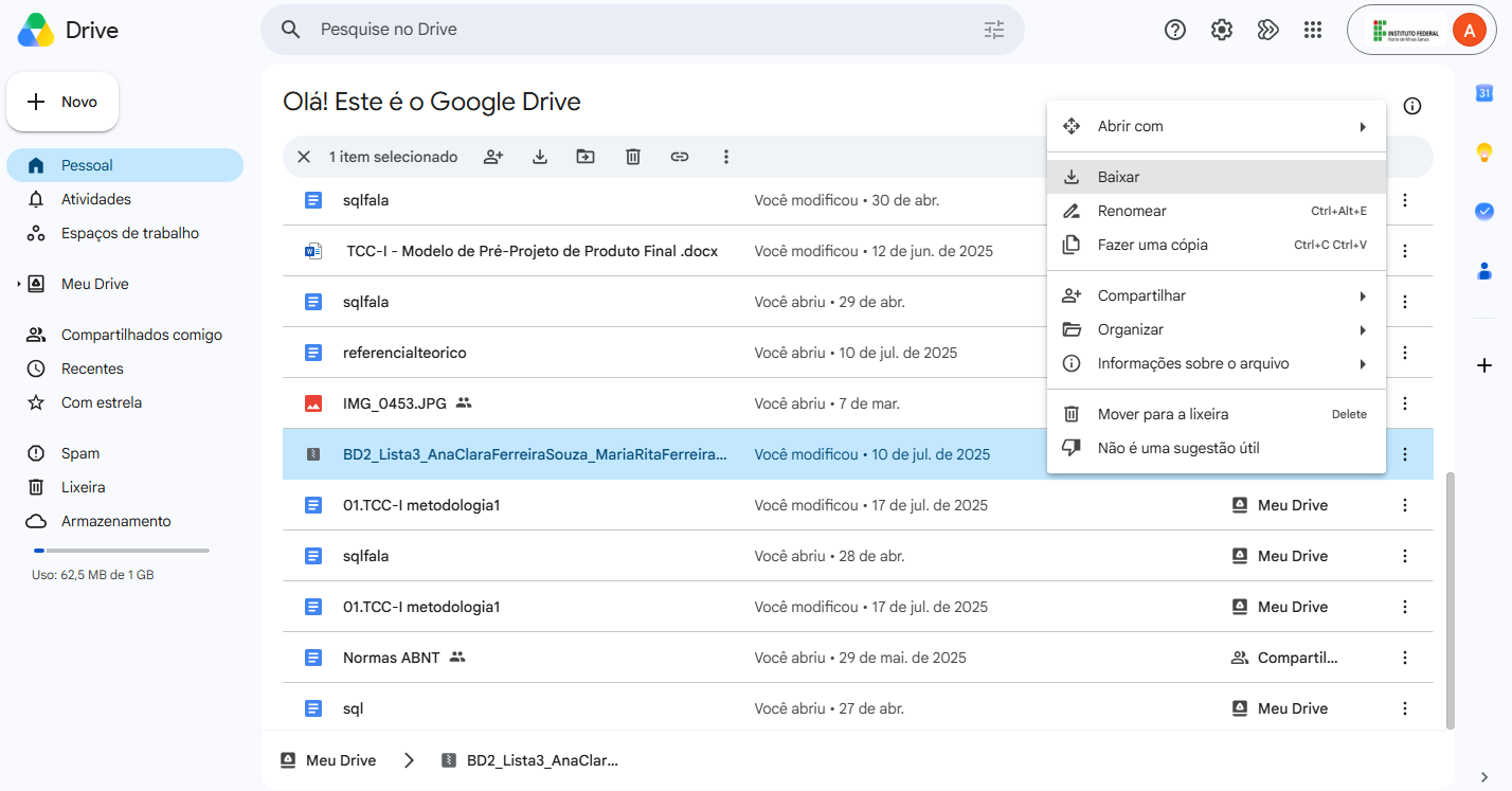 Interface do Google Drive