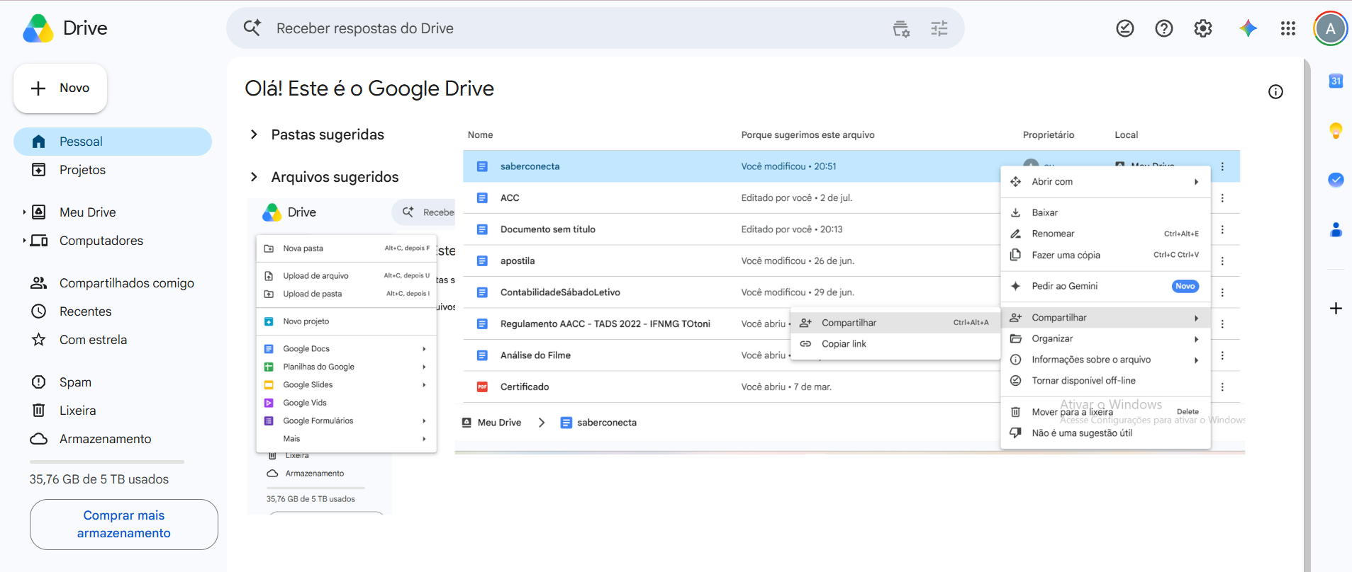 Interface do Google Drive